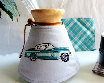 Handcrafted Cozy & Warming Pad for Chemex Carafe Gray Twill Retro Classic Car embroidery 6  cup size-Chemex Accessory-Chemex gift