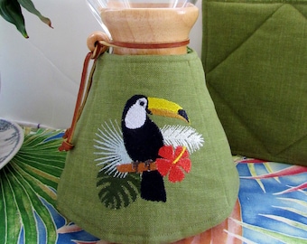 Handcrafted Cozy & Warming Pad for Chemex Carafe-Toucan Hibiscus Tropical Leaves 8 cup size -Chemex Accessory Coffee Lover Gift