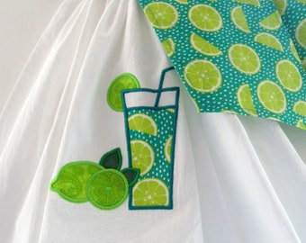 Limeade Flour Sack Tie On Hanging Dish/Kitchen towel/Tea towel-Embroidery & Applique Summer kitchen decor-July 4 Celebration