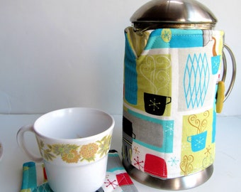 French Press Cozy and Warming pad- 1950s-60s Retro Thermoses-Cafetiere Wrap-Spoonflower Linen Cotton Canvas-8 cup size