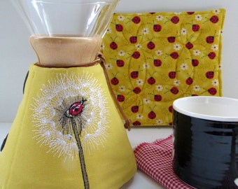 Chemex Cozy and Warming Pad Set-8 cup size Marigold Duck Cloth Canvas-Lady Bug on Dandelion-chemex lover gift, chemex accessory