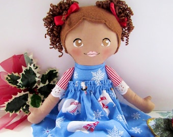 Handmade Christmas Rag Doll: 18" Fleece Hair, Embroidered Face