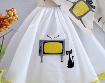 Embroidered Flour Sack Towel: Retro Mid-Century Cat Kitchen Tie