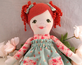 Handmade Rag Doll: 18" Red Hair, Floral Dress, Embroidered Face