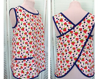 Retro Cross Back Summer Smock Apron from 1960s Butterick Pattern--Size Medium-Strawberries & Blueberries