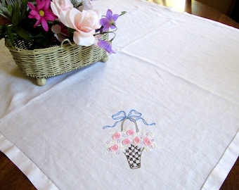 Vintage Linen Tablecloth Hand Embroidered Basket of Flowers