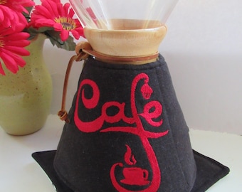 Embroidered Chemex Cozy Set Parisian Cafe 8 cup wooden collar