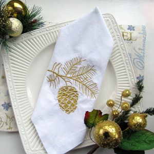 Cloth Napkins-Fall Winter Holidays Gold Silver Metalic Pinecone Embroidery-100% Cotton Eco Friendly Sustainable Set of 4