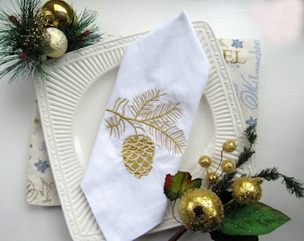 Cloth Napkins-Fall Winter Holidays Gold Silver Metalic Pinecone Embroidery-100% Cotton Eco Friendly Sustainable Set of 4