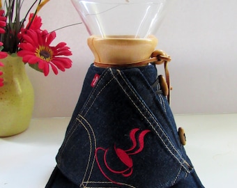 Chemex Cozy Set-Repurposed Levi Jeans-8 cup wooden collar size-Father's Day Gift