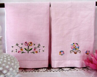 Pair Vintage Linen hand guest fingertip towels-Soft Pink-Hand Embroidery Floral motif-Housewarming gift