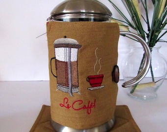 Embroidered French Press Cozy & Warming Pad Gold/Brown 8-Cup