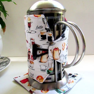 French Press Cozy and Warming pad-Cafetiere Wrap-Coffee Motif-8 cup size Coffee accessory coffee gift image 4