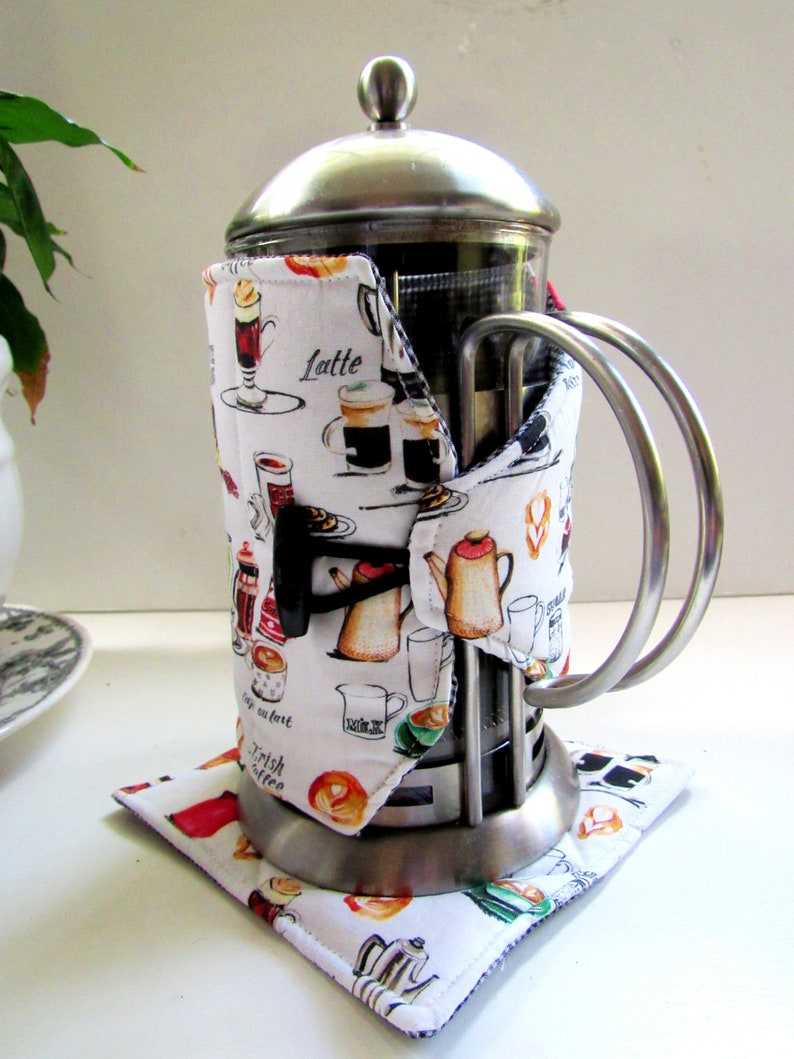 French Press Cozy and Warming pad-Cafetiere Wrap-Coffee Motif-8 cup size Coffee accessory coffee gift image 4