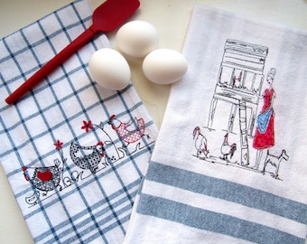 Embroidered Chicken Dish Towel Set: Farmhouse Kitchen Decor