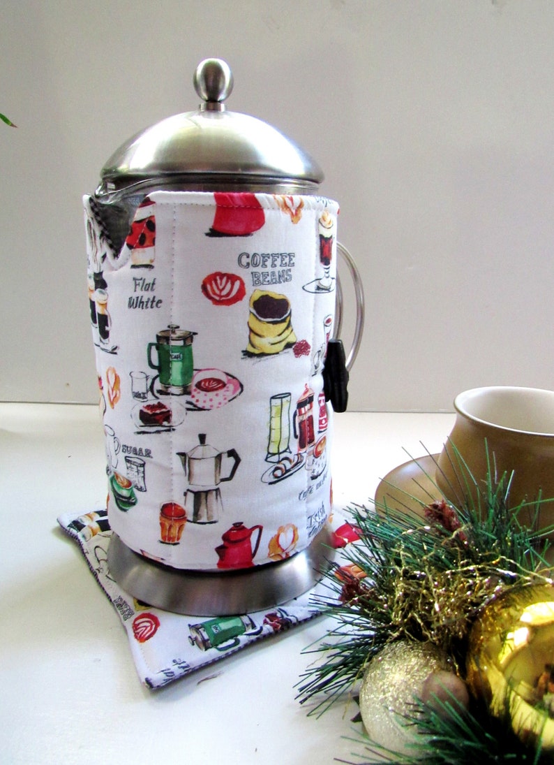 French Press Cozy and Warming pad-Cafetiere Wrap-Coffee Motif-8 cup size Coffee accessory coffee gift image 1