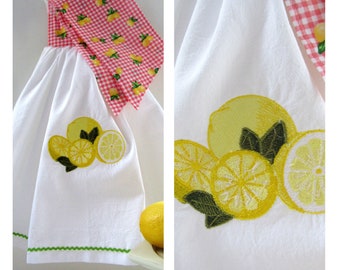 Flour Sack Tie On Hanging Dish/Kitchen towel-Lemons Machine embroidery-spring kitchen decor gift