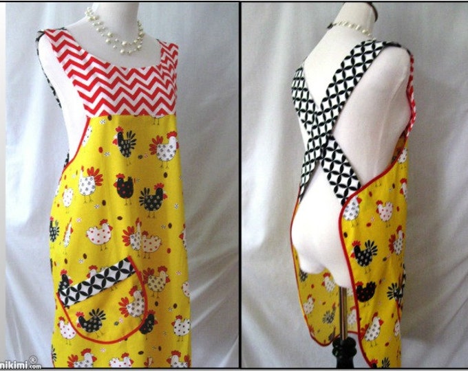 Ladies Full no Tie Apron/smock mommy and Me Red Chevron and Chicken