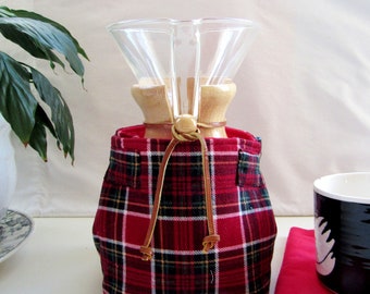 Handcrafted Cozy Sack for Chemex carafe fits 6 & 8 cup size wooden collar-red plaid flannel Chemex Gift-Chemex Accessory ready to ship.