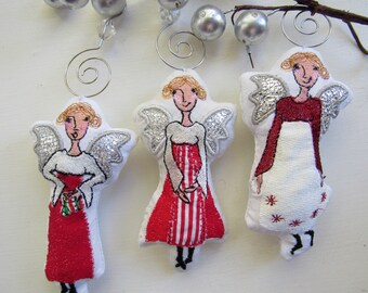 Ornement ange brodé : décoration d'arbre des Fêtes rouge et blanc