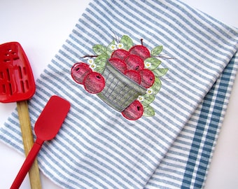 Embroidered Apple Basket Cotton Dish Towel: Blue & White Farmhouse Decor