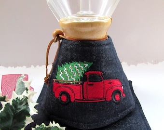 Embroidered Chemex Cozy Set: Dark Denim, Truck & Christmas Tree