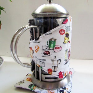 French Press Cozy and Warming pad-Cafetiere Wrap-Coffee Motif-8 cup size Coffee accessory coffee gift image 5