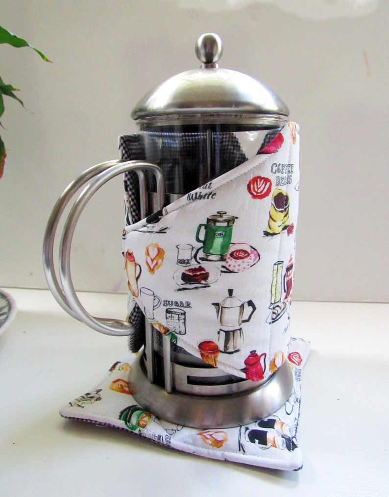 French Press Cozy and Warming pad-Cafetiere Wrap-Coffee Motif-8 cup size Coffee accessory coffee gift image 5