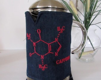 Embroidered French Press Cozy Set Caffeine Molecule Chemical Formula 8 cup Dark Denim