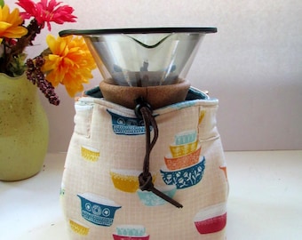 Handcrafted Chemex/Bodum Cozy Sack: Retro Pyrex Bowls-Fits 8-10 cup sizes