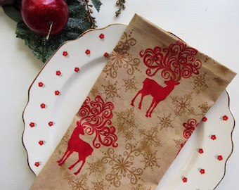 Handmade Cloth Napkins Reindeer Scroll Antlers Red on Gold-Dinner size-100% Cotton Eco Friendly Sustainable Set of 4 Holiday home decor