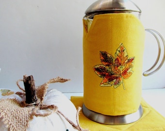 Embroidered Fall Leaf French Press Cozy - Marigold Canvas 8-Cup
