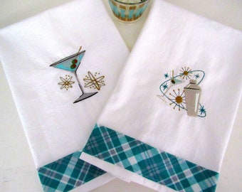 Retro Bar Flour Sack towels-Martini and Shaker-set of 2- bar-kitchen decor