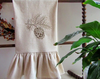 Ruffle hand, guest towel-Osnaburg fabric/Pine Cone embroidery hostess gift housewarming gift homespun bath decor