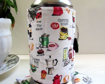 French Press Cozy & Warming Pad: Coffee Motif, 8-Cup Size