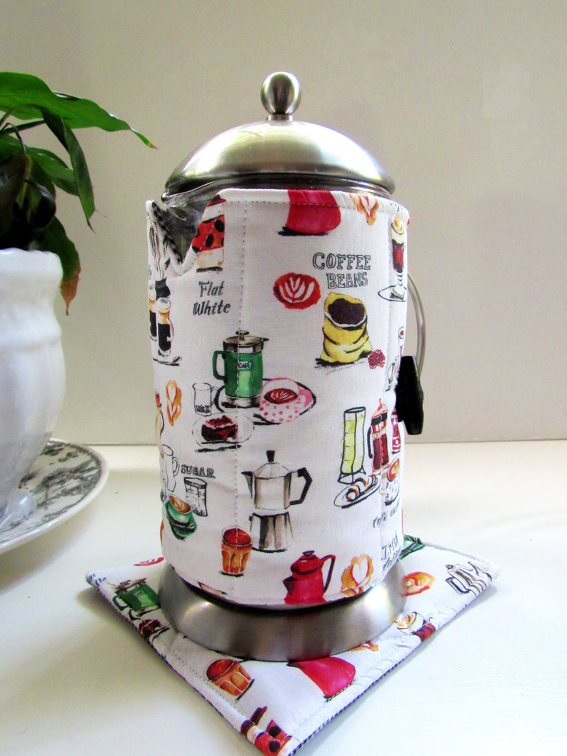 French Press Cozy and Warming pad-Cafetiere Wrap-Coffee Motif-8 cup size Coffee accessory coffee gift image 3