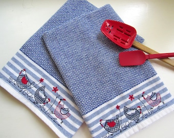 Embroidered Chicken Dish Towels: Recycled Cotton Farmhouse Kitchen Set
