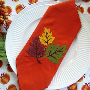 Embroidered Fall Leaf Cloth Napkins: Orange Thanksgiving Table Decor (Set of 6)