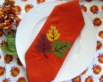 Embroidered Fall Leaf Cloth Napkins: Orange Thanksgiving Table Decor (Set of 6)