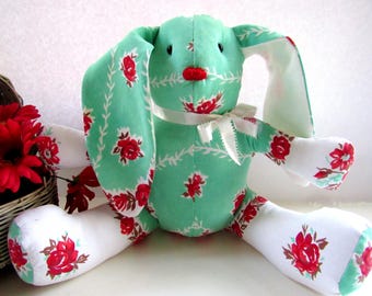 Handmade floppy ear Bunny- Repurposed Vintage Tablecloth- cottage chic farmhouse bunny Spring home decor
