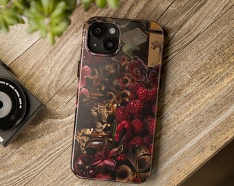 Dark Leopard Aesthetic Phone Case, Moody Panther Floral Case, Red Cherry Vintage Collage Phone Cover, Gothic Coquette Animal Print Case