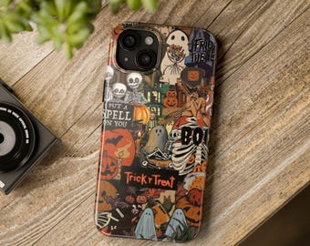 Halloween Collage Phone Case - Trick or Treat Ghost Pumpkin Witch Skeleton Cover - Creepy Cute Spooky Protective Case