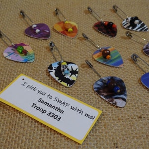 Set of Ten (10) Upcycled and Repurposed Guitar Pick Scout SWAP or Craft Kits