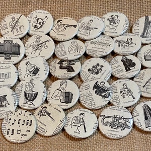 Mid-Century Modern Vintage Dictionary 1.5&quot; Pin-Back Buttons Musical Instruments Band Orchestra Music Gifts