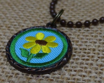 Yellow Daisy Scout Badge Patch Cameo Pendant Charm Necklace