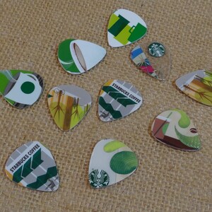 Set of Ten (10) Upcycled and Repurposed Guitar Picks Music Charm Necklace Key Chain Back Pack Clip