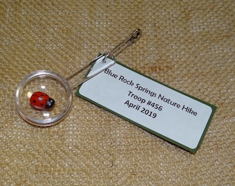 May include: A small, clear plastic container with a red ladybug inside. The container is attached to a safety pin and a white tag with the text "Blue Rock Springs Nature Hike, Troop #456, April 2019".