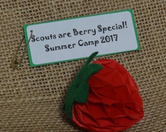May include: A green and white sign with the text "Scouts are Berry Special! Summer Camp 2017". A red paper strawberry with a green felt leaf is on a burlap background.