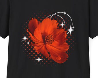 Red Cosmos Sulphureus Flower T-Shirt | Botanical Floral Tee