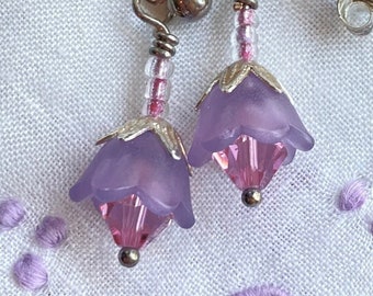 Spring fuchsia bud earrings, Sweet frosted lavender lucite & pink Swarovski crystals on sterling post backs, Luscious Boho flower earrings